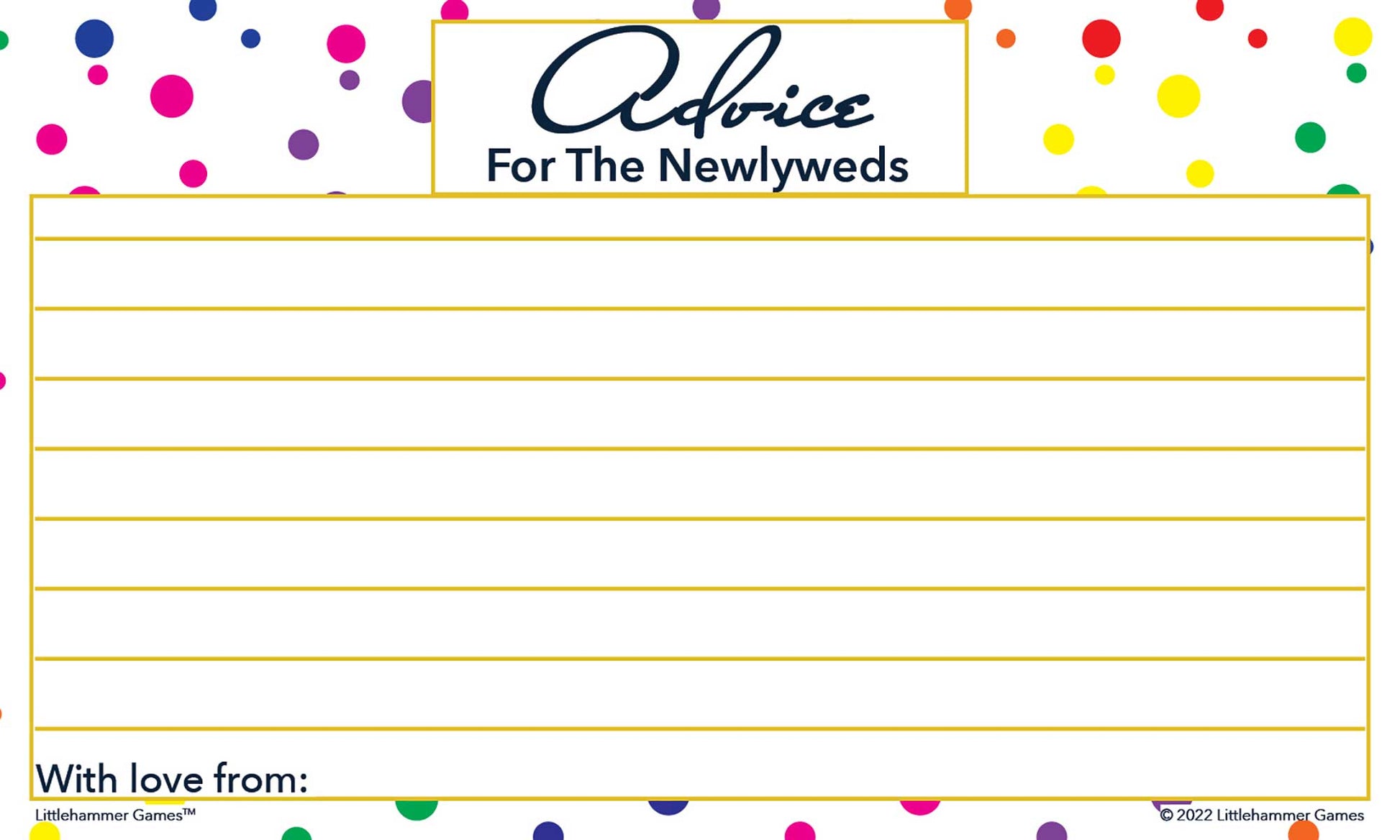 Rainbow polka dot wedding advice card with elegant layout and response lines