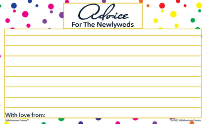 Rainbow polka dot wedding advice card with elegant layout and response lines