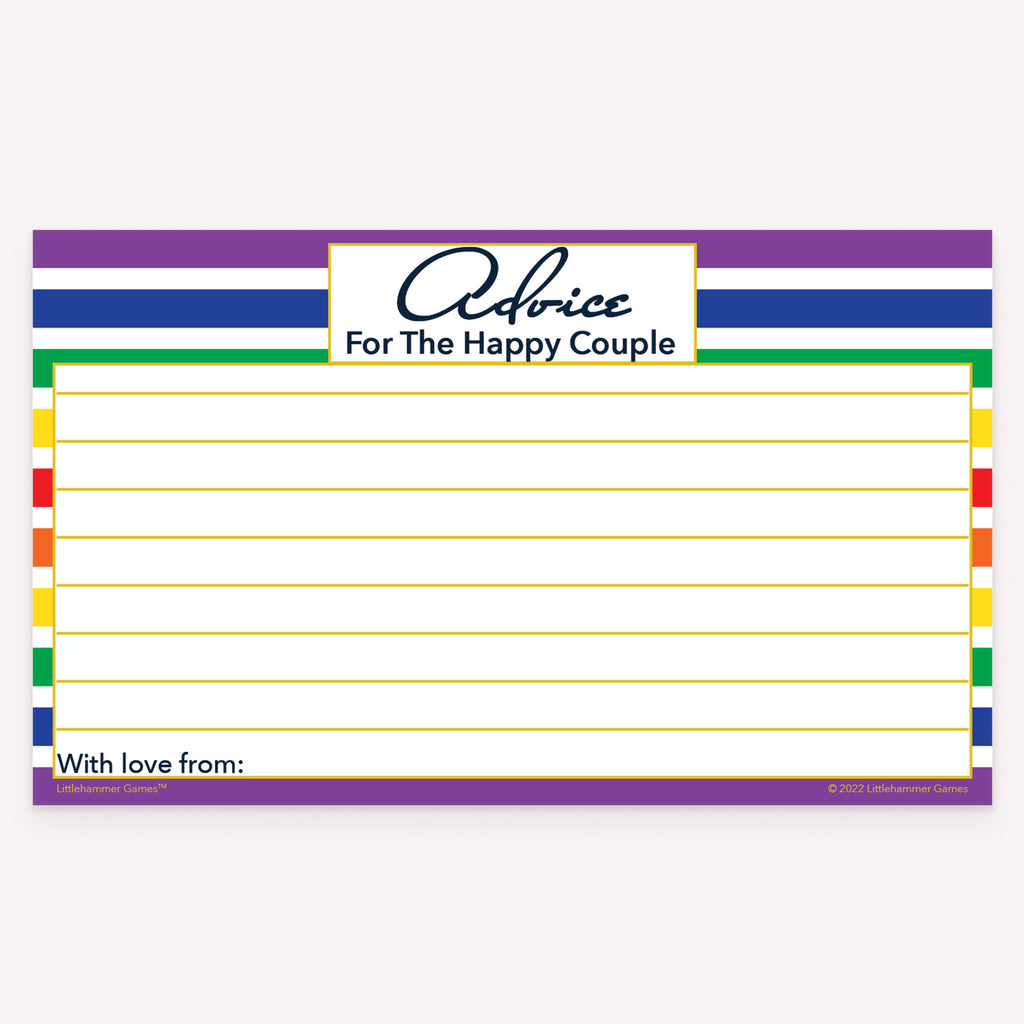 Printable rainbow-striped wedding advice card for fun marriage messages