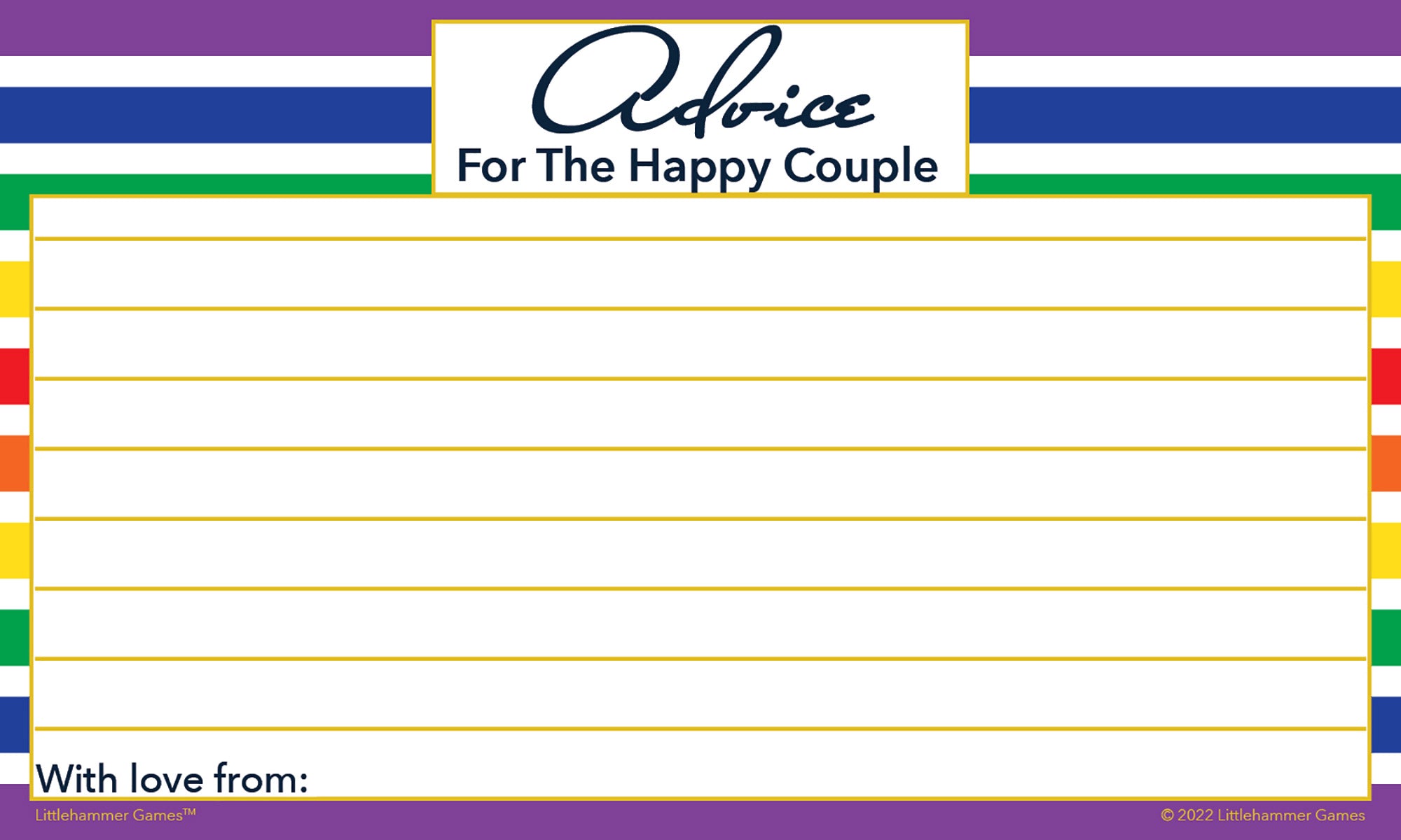 Printable rainbow-striped wedding advice card for fun marriage messages