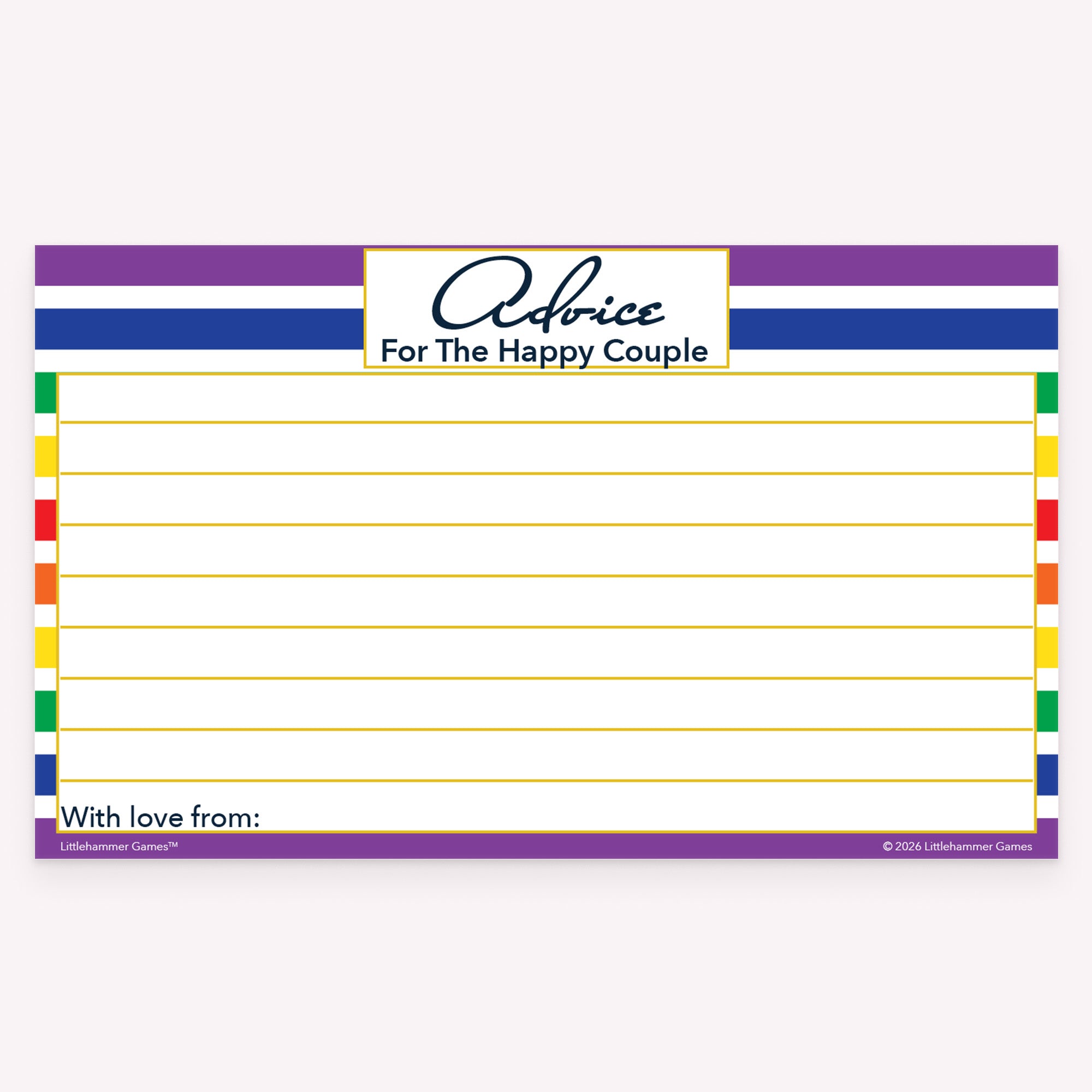Printable rainbow-striped wedding advice card for fun marriage messages