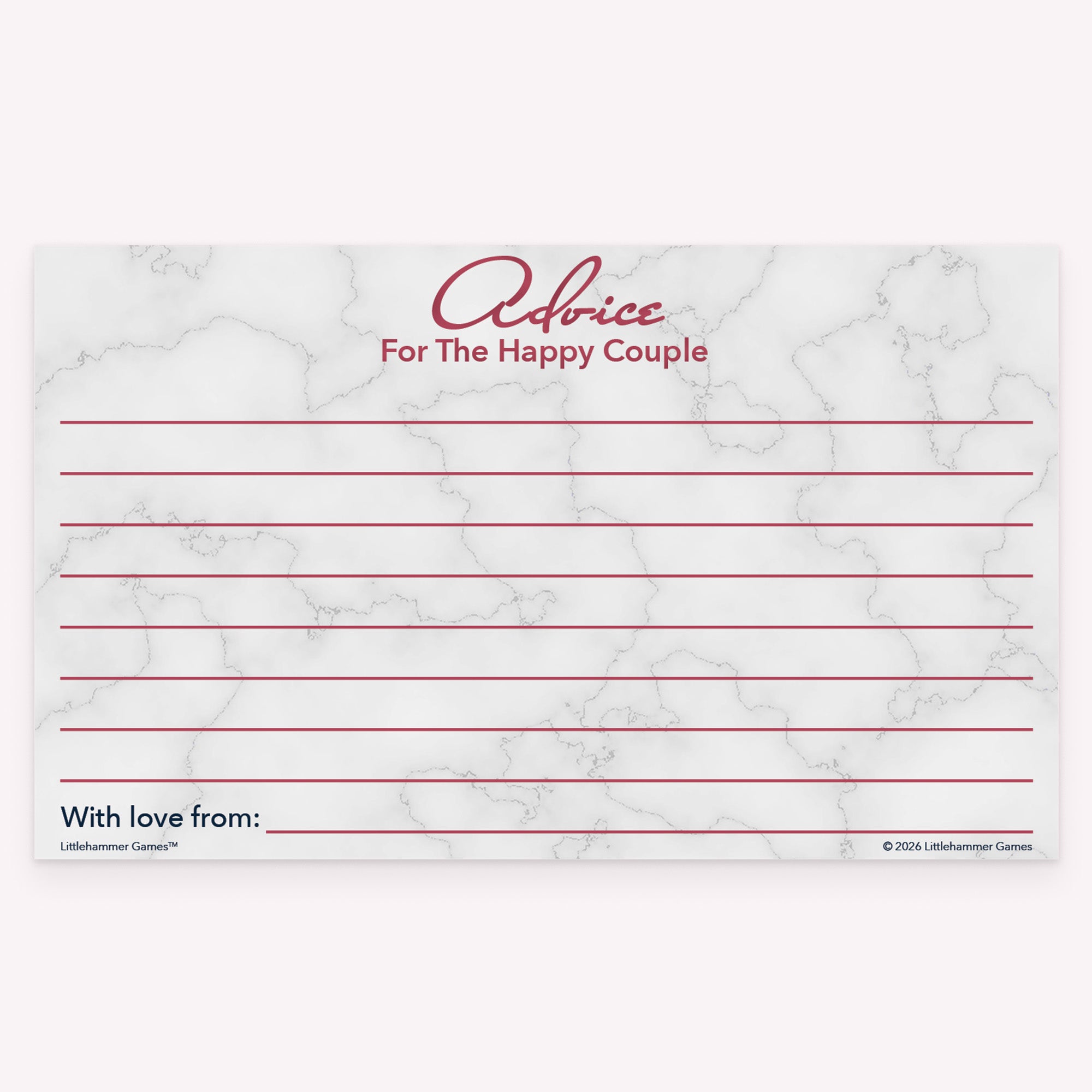 Rose gold and marble wedding shower advice card with blank lined area