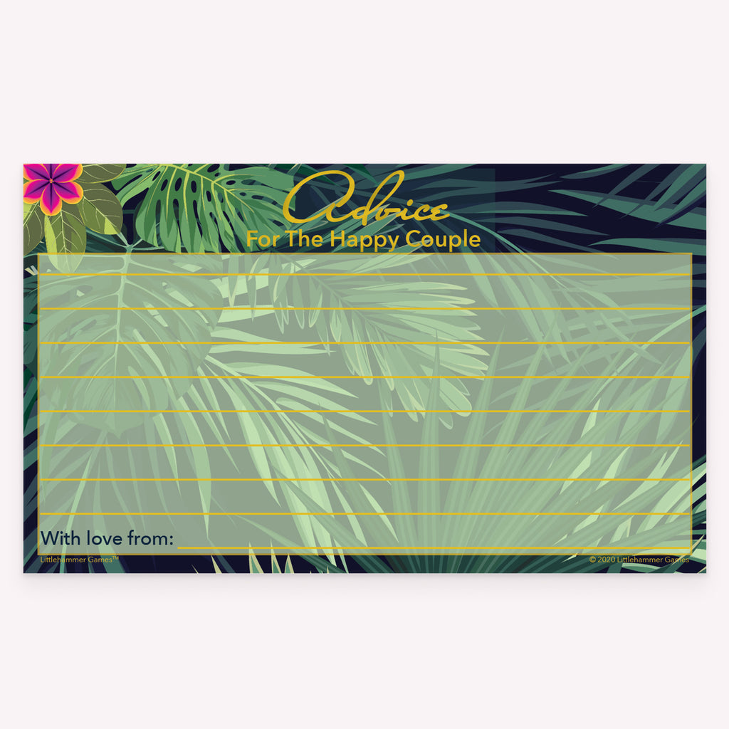Printable tropical-themed Advice for the Happy Couple card with writing lines