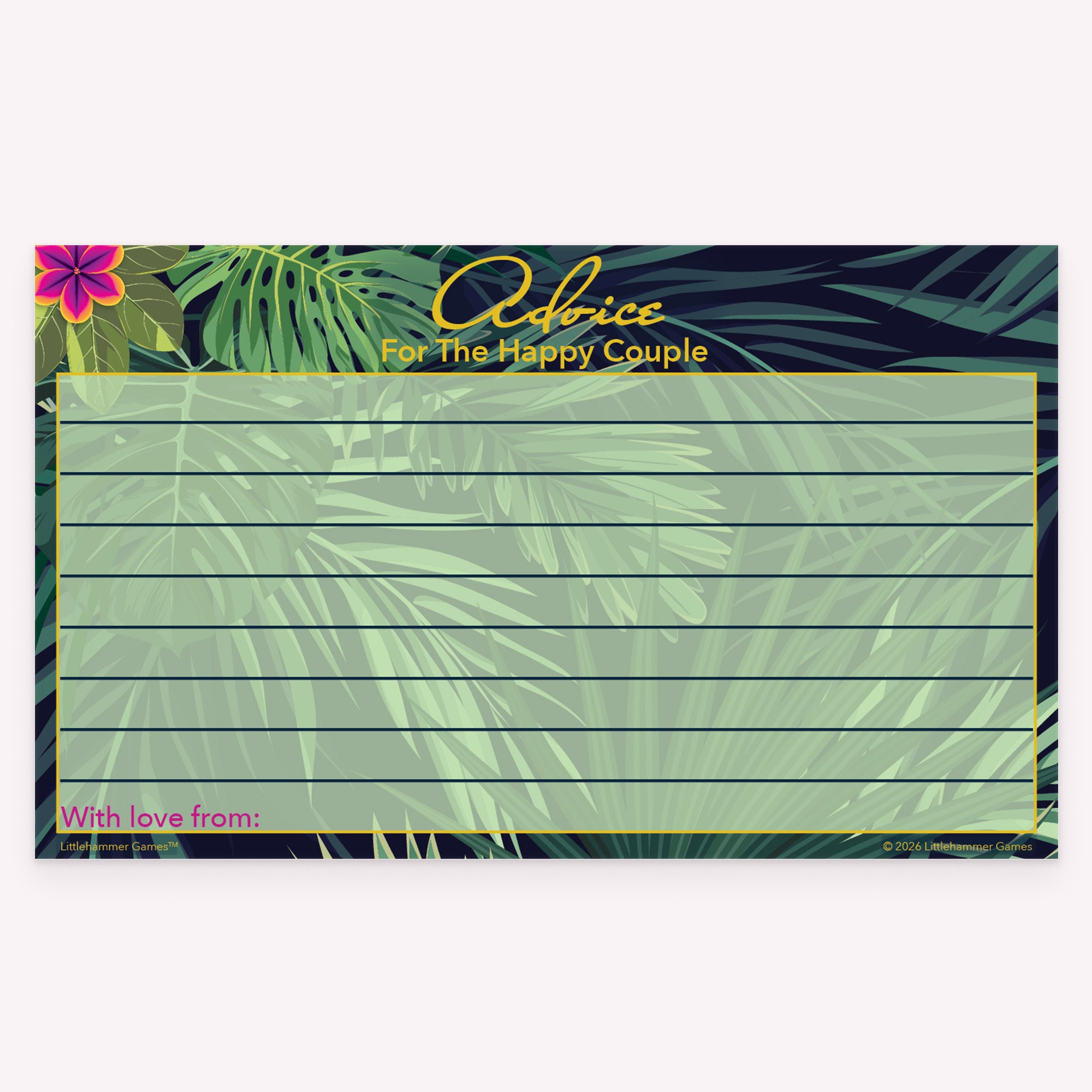 Printable tropical-themed Advice for the Happy Couple card with writing lines