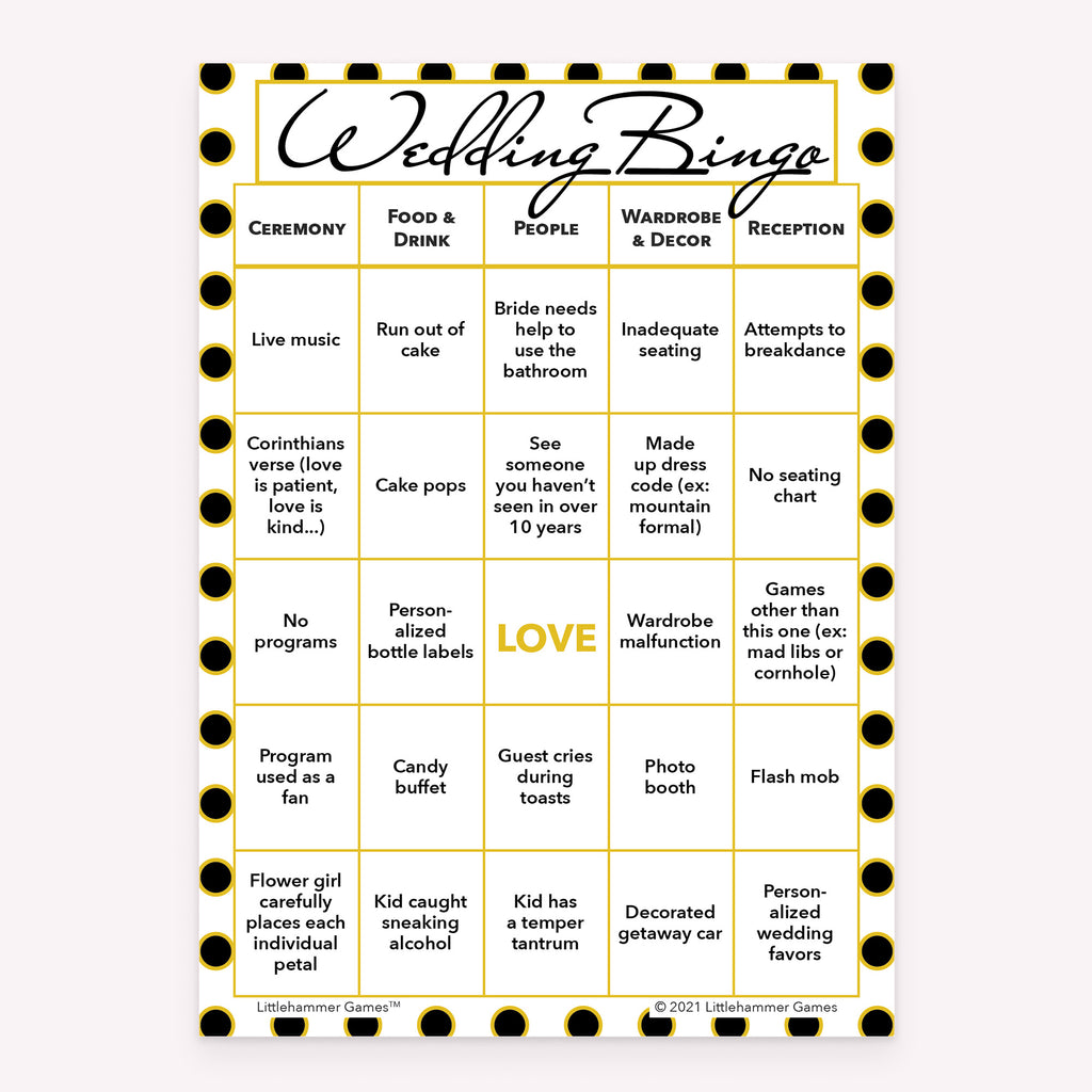 Black and gold polka dot-themed Bride and Groom Wedding Bingo printable wedding game card