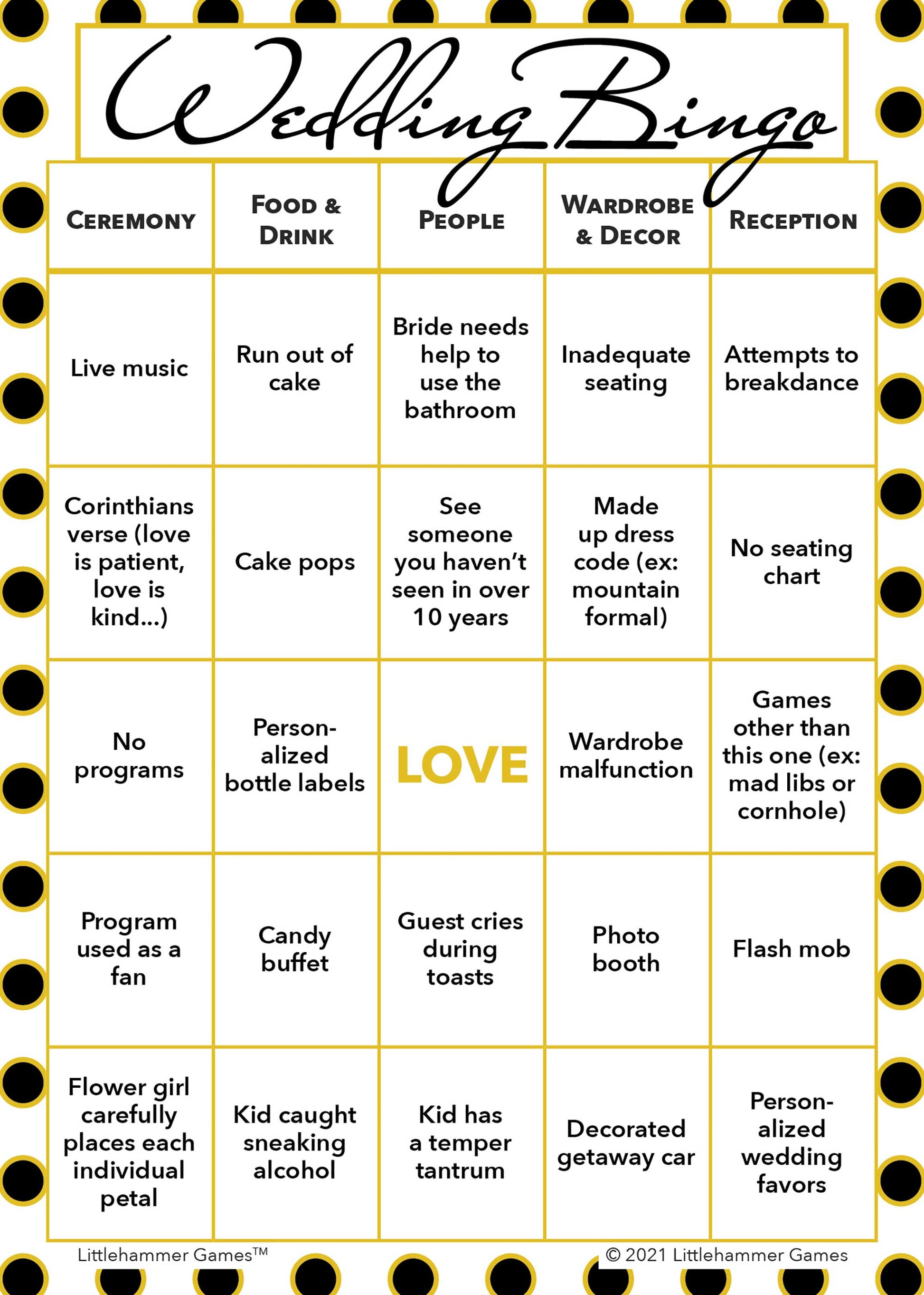 Black and gold polka dot-themed Bride and Groom Wedding Bingo printable wedding game card