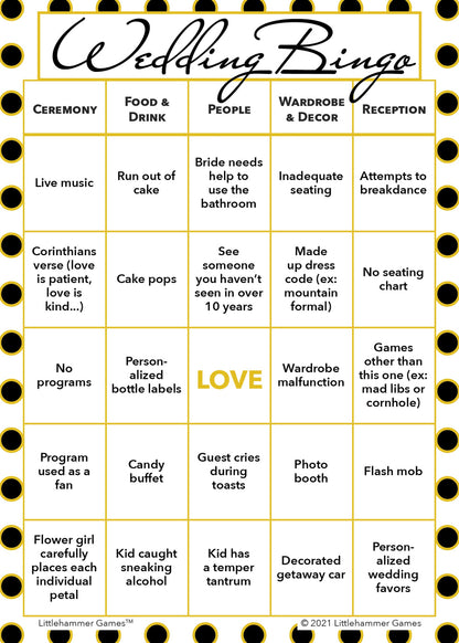 Black and gold polka dot-themed Bride and Groom Wedding Bingo printable wedding game card