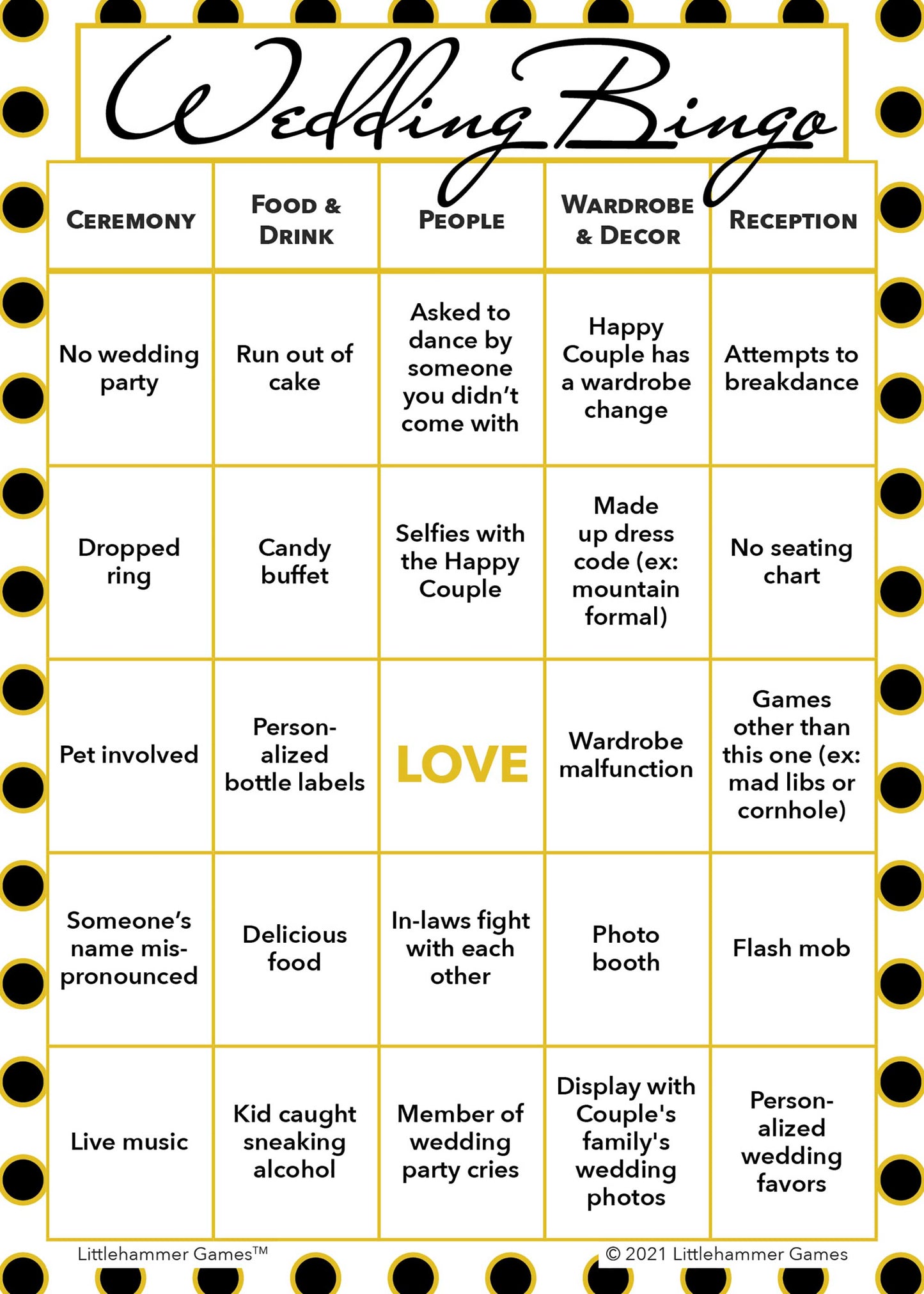 Gender Neutral Wedding Bingo printable wedding game card with black and gold polka dot background