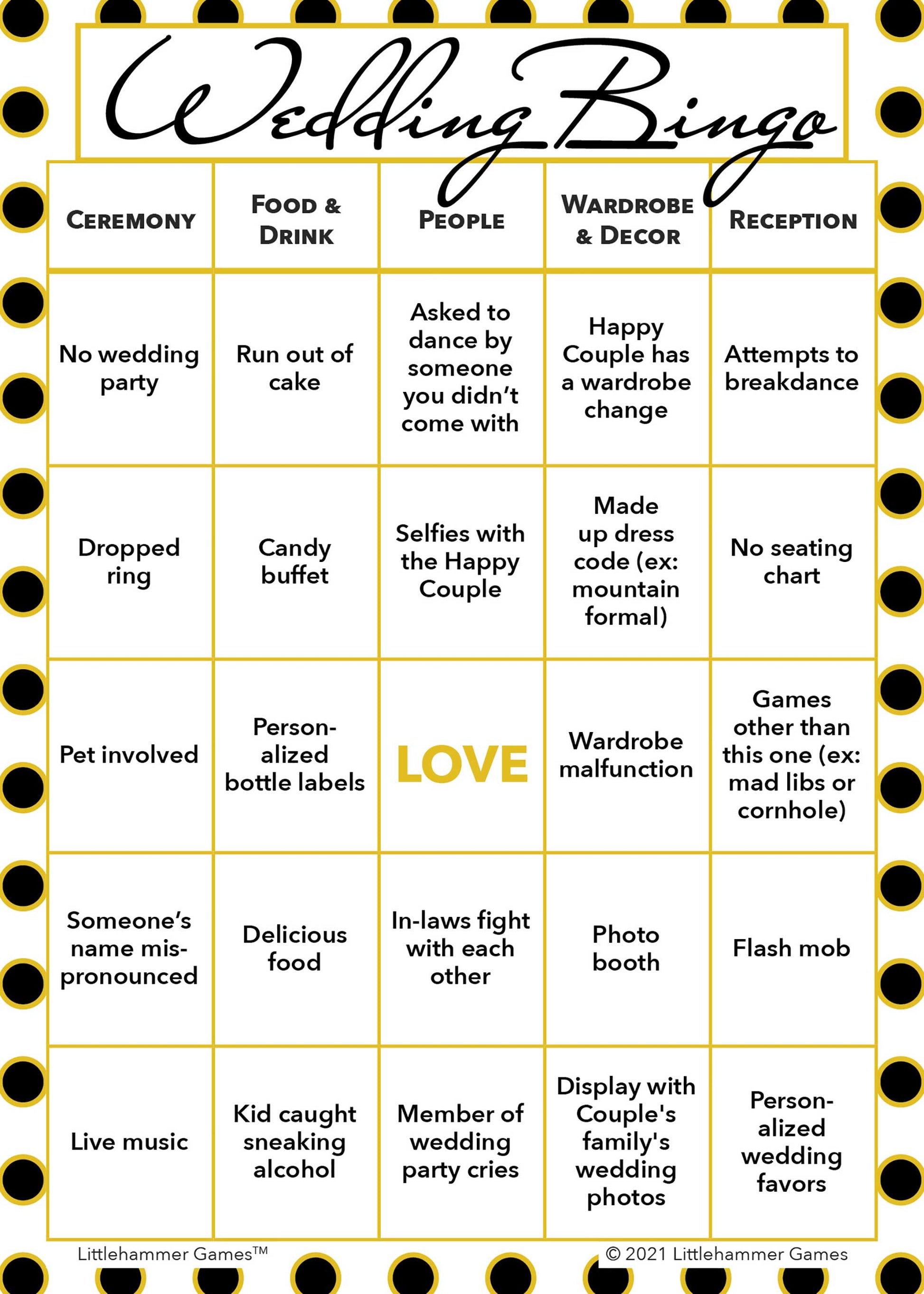 Gender Neutral Wedding Bingo printable wedding game card with black and gold polka dot background