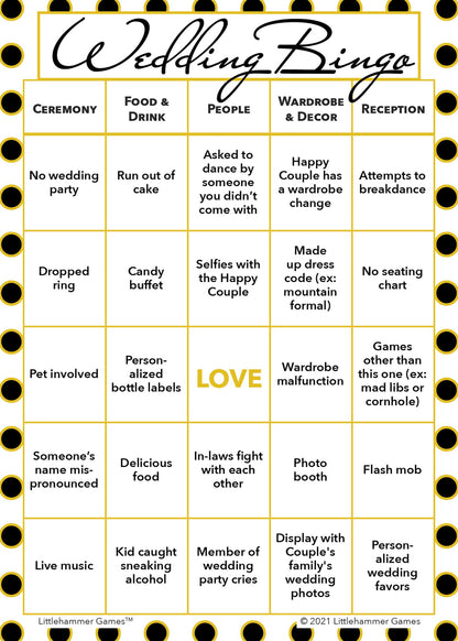 Gender Neutral Wedding Bingo printable wedding game card with black and gold polka dot background