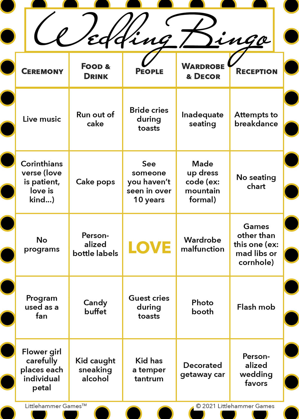 2 Brides Wedding Bingo printable game card in black and gold polka dot color scheme