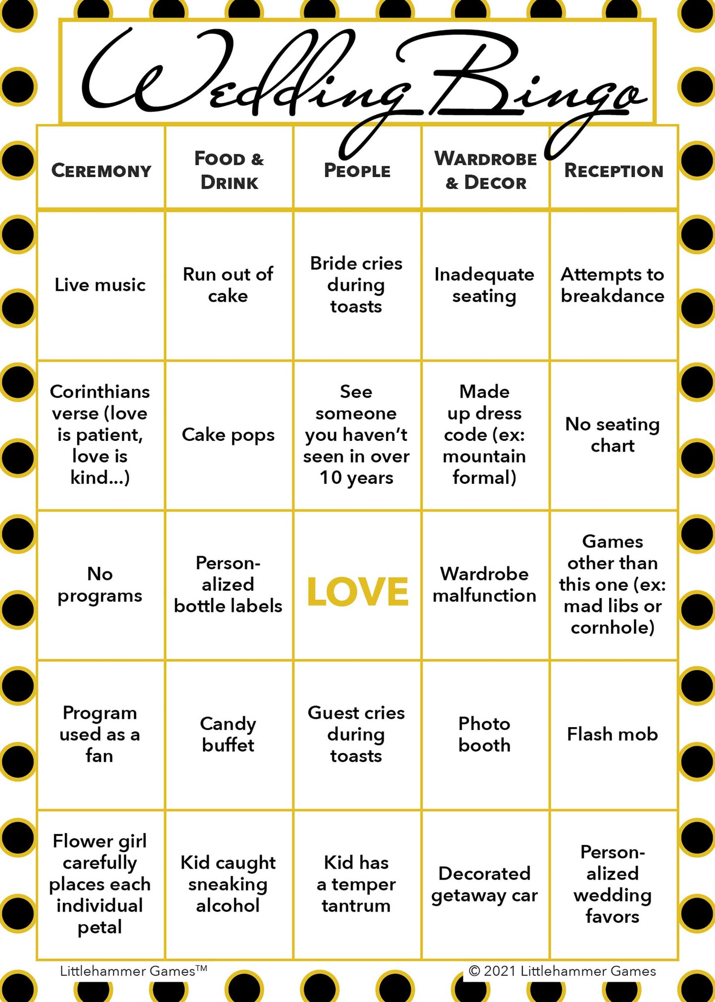 2 Brides Wedding Bingo printable game card in black and gold polka dot color scheme
