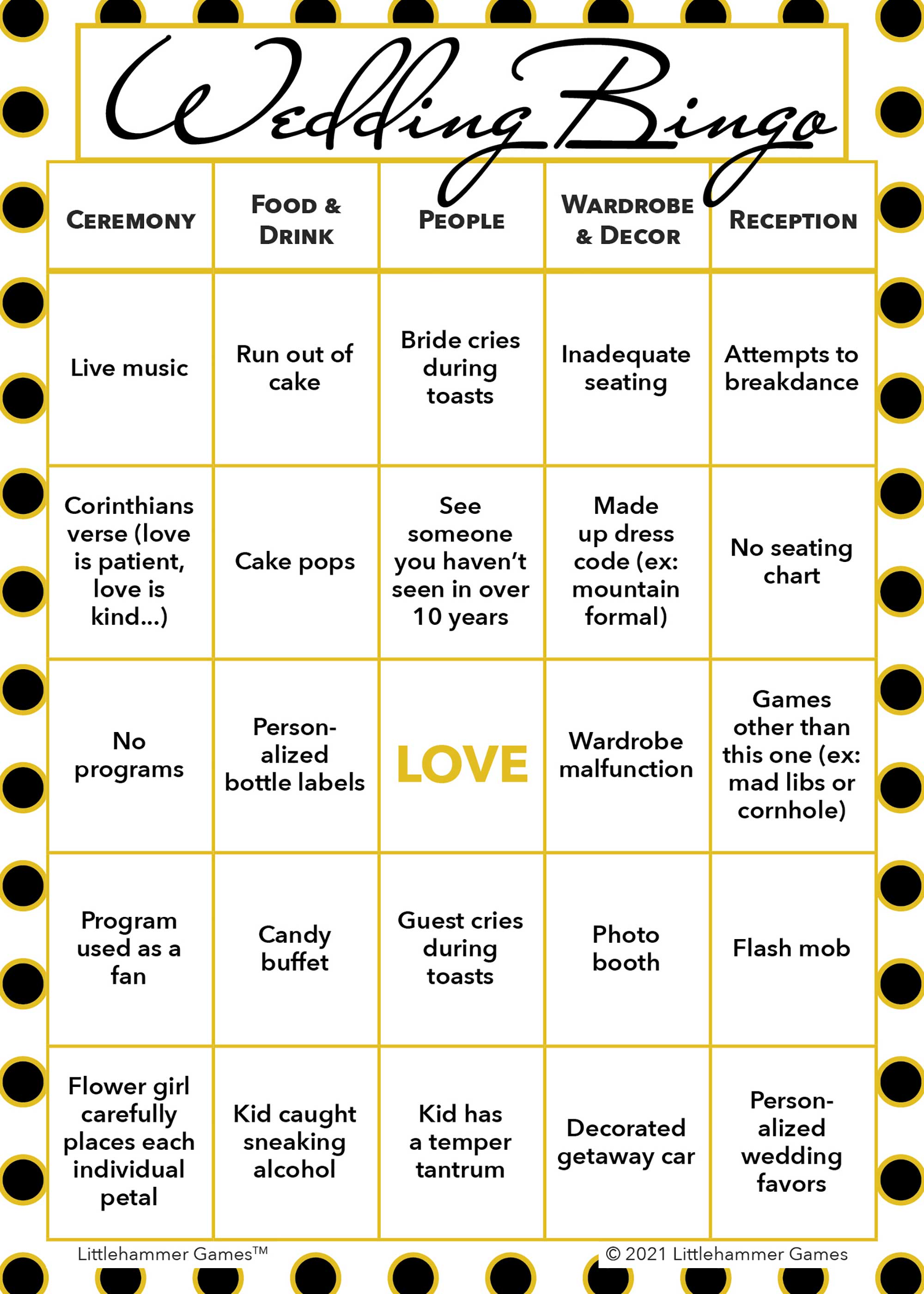 2 Brides Wedding Bingo printable game card in black and gold polka dot color scheme
