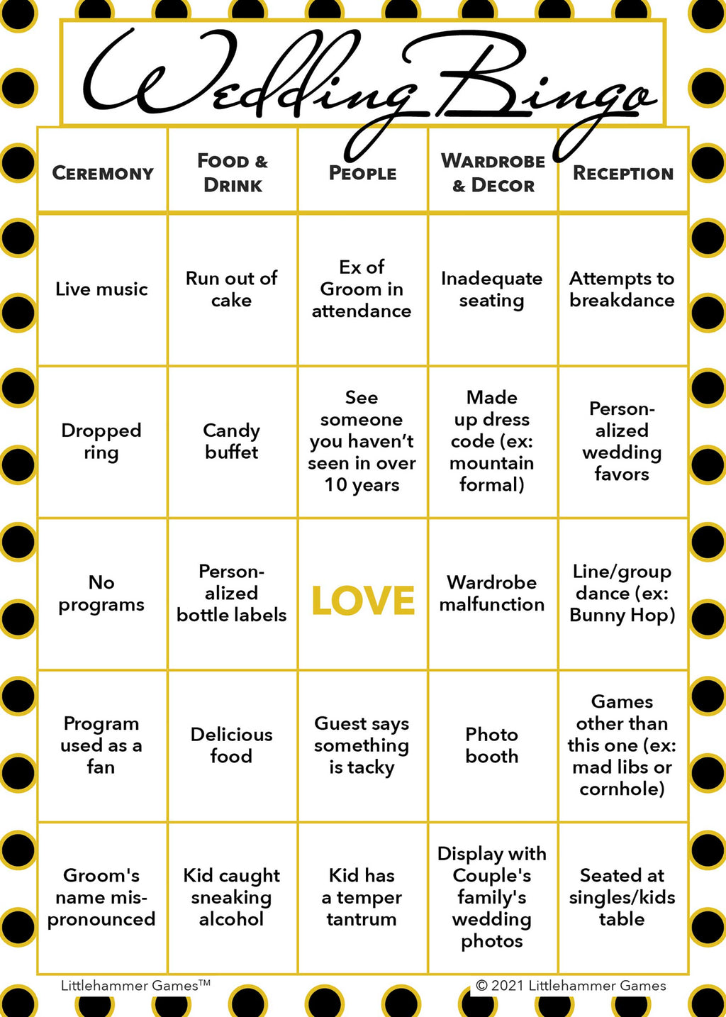 Black and gold polka dot 2 Grooms Wedding Bingo printable card