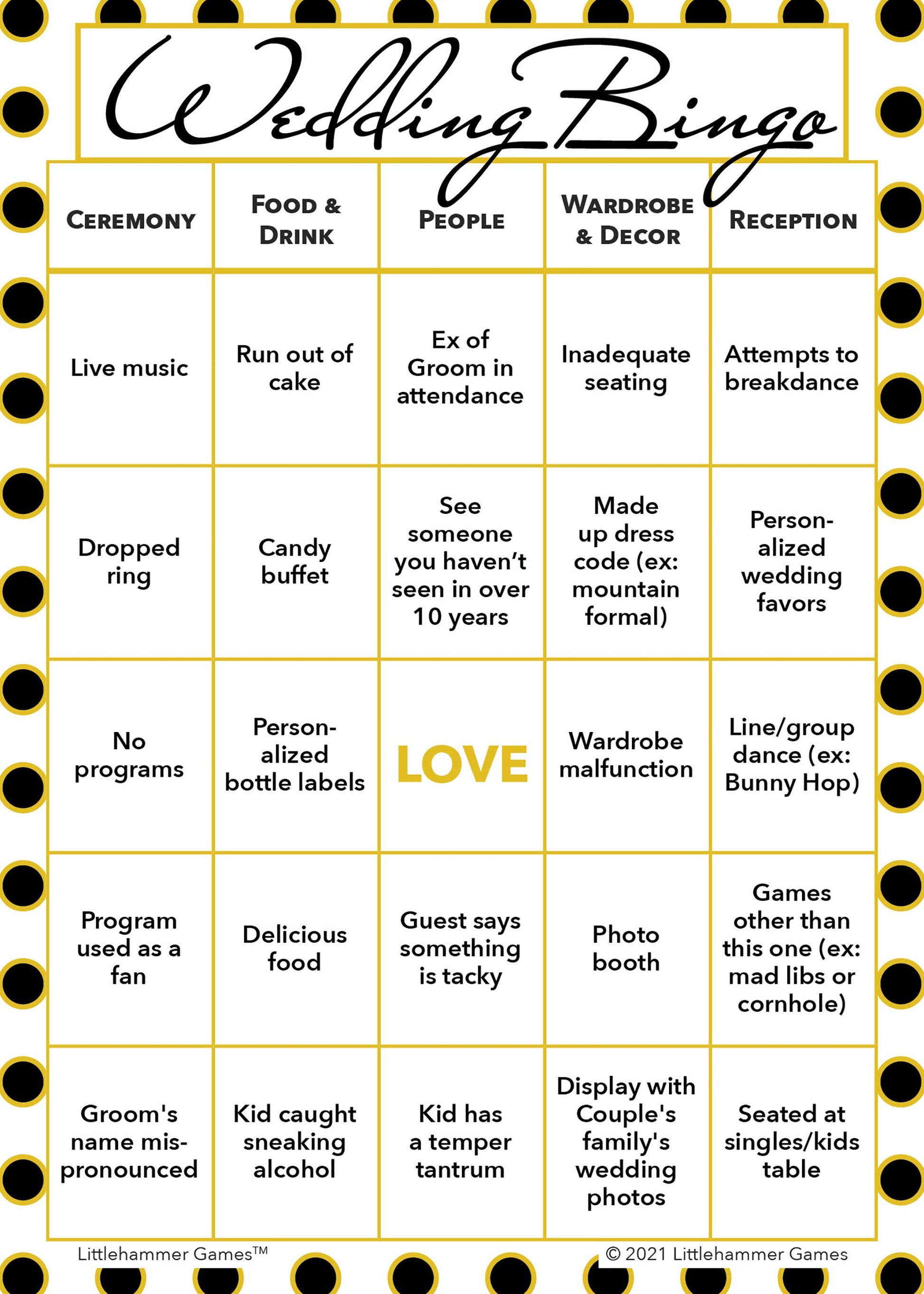 Black and gold polka dot 2 Grooms Wedding Bingo printable card