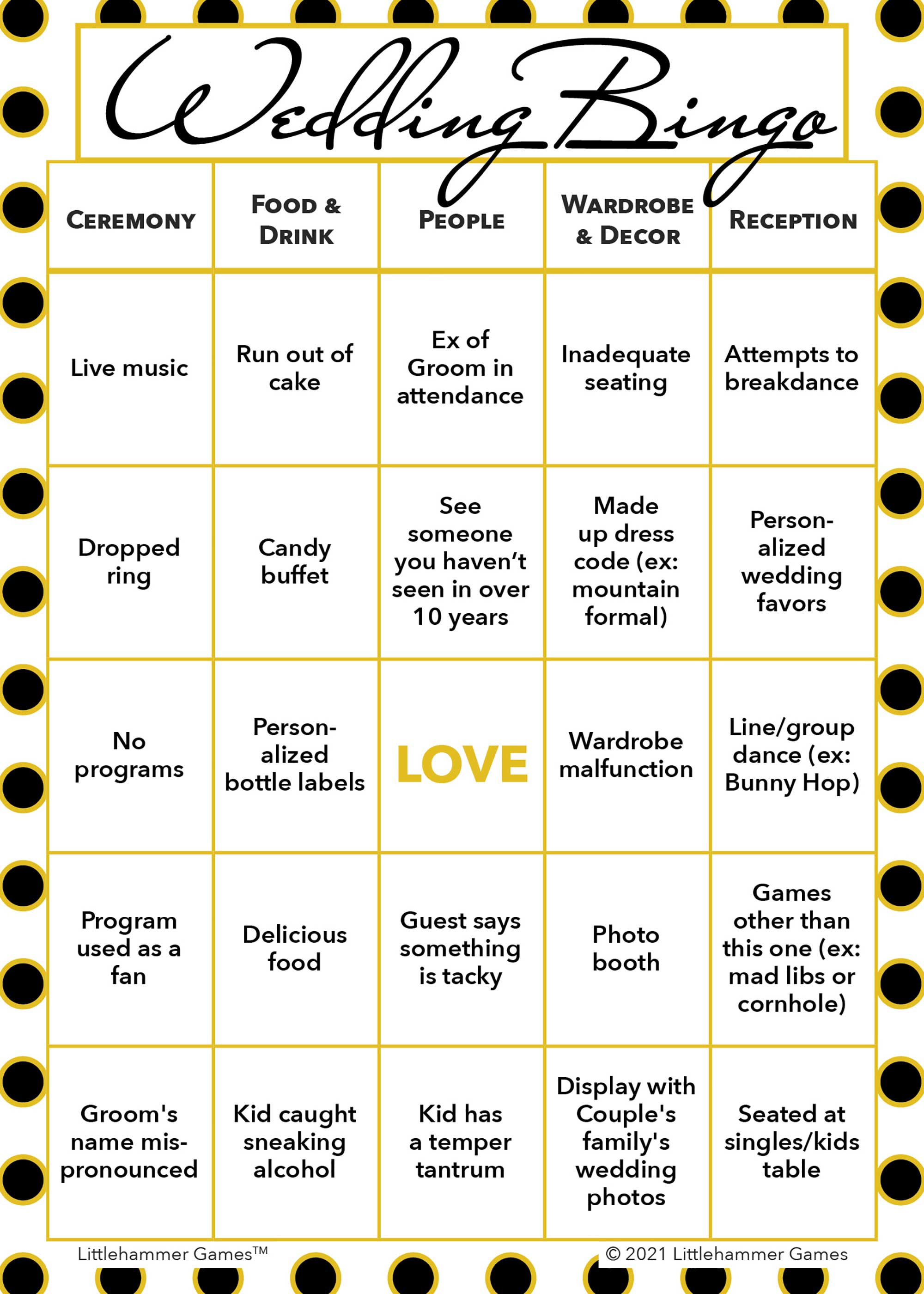 Black and gold polka dot 2 Grooms Wedding Bingo printable card