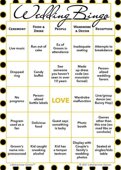 Black and gold polka dot 2 Grooms Wedding Bingo printable card