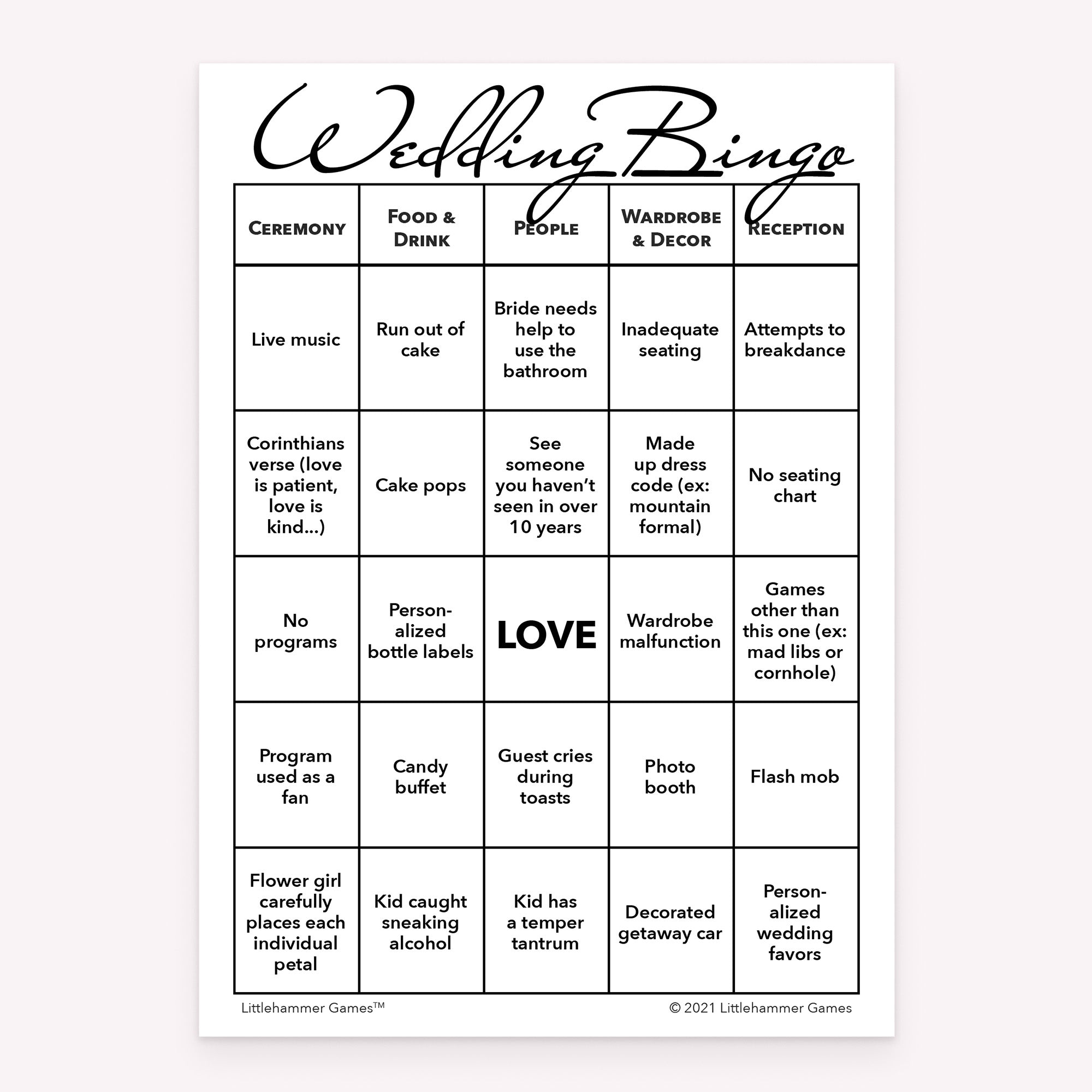 Black and white design wedding printable Bride and Groom Wedding Bingo card