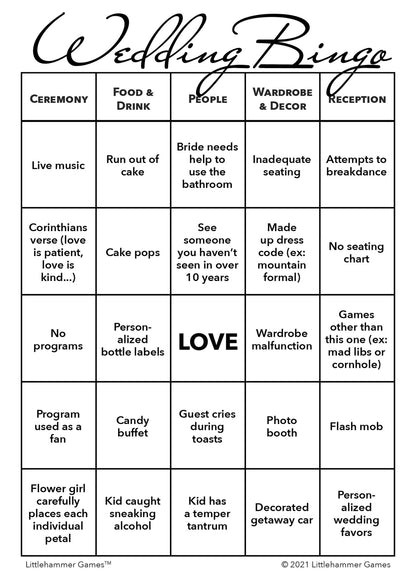 Black and white design wedding printable Bride and Groom Wedding Bingo card