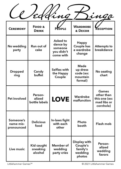 Black and white Gender Neutral Wedding Bingo printable game card layout