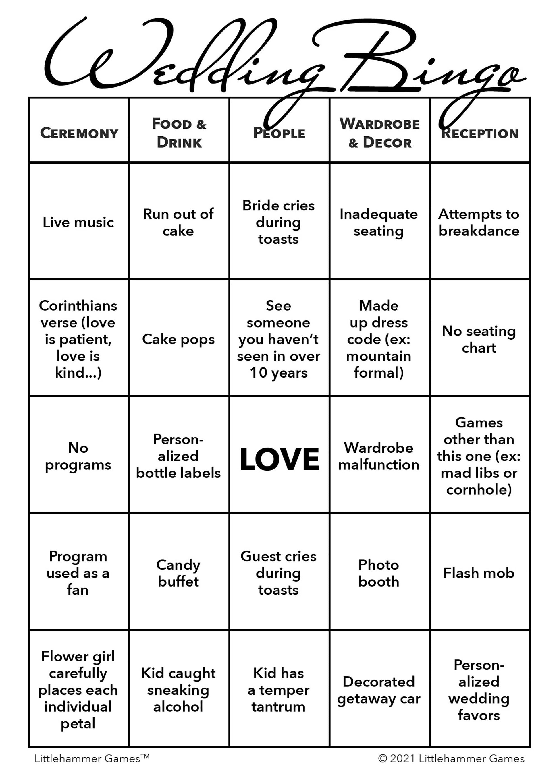 Printable 2 Brides Wedding Bingo card featuring black and white design