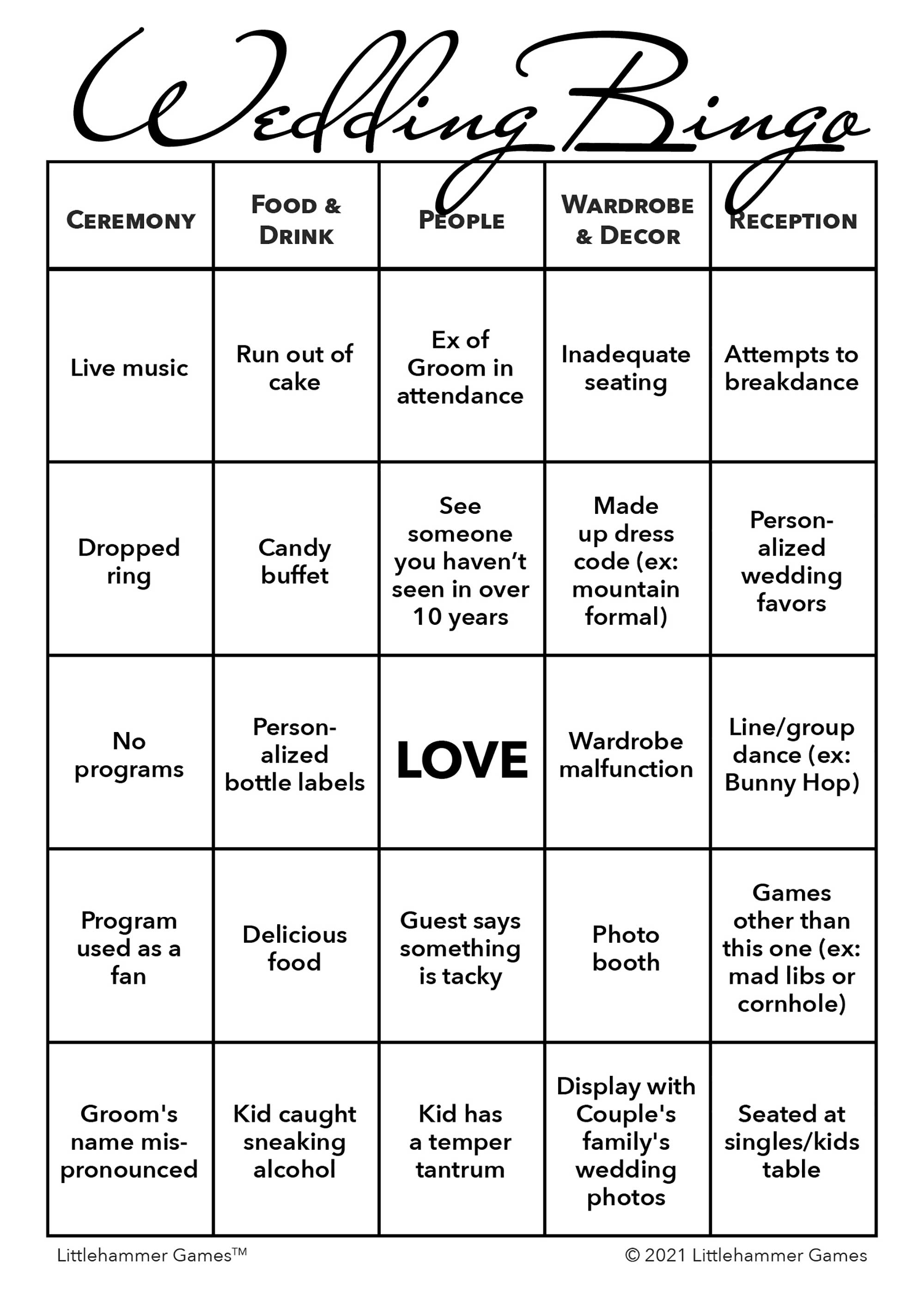2 Grooms Wedding Bingo printable wedding activity in black and white style