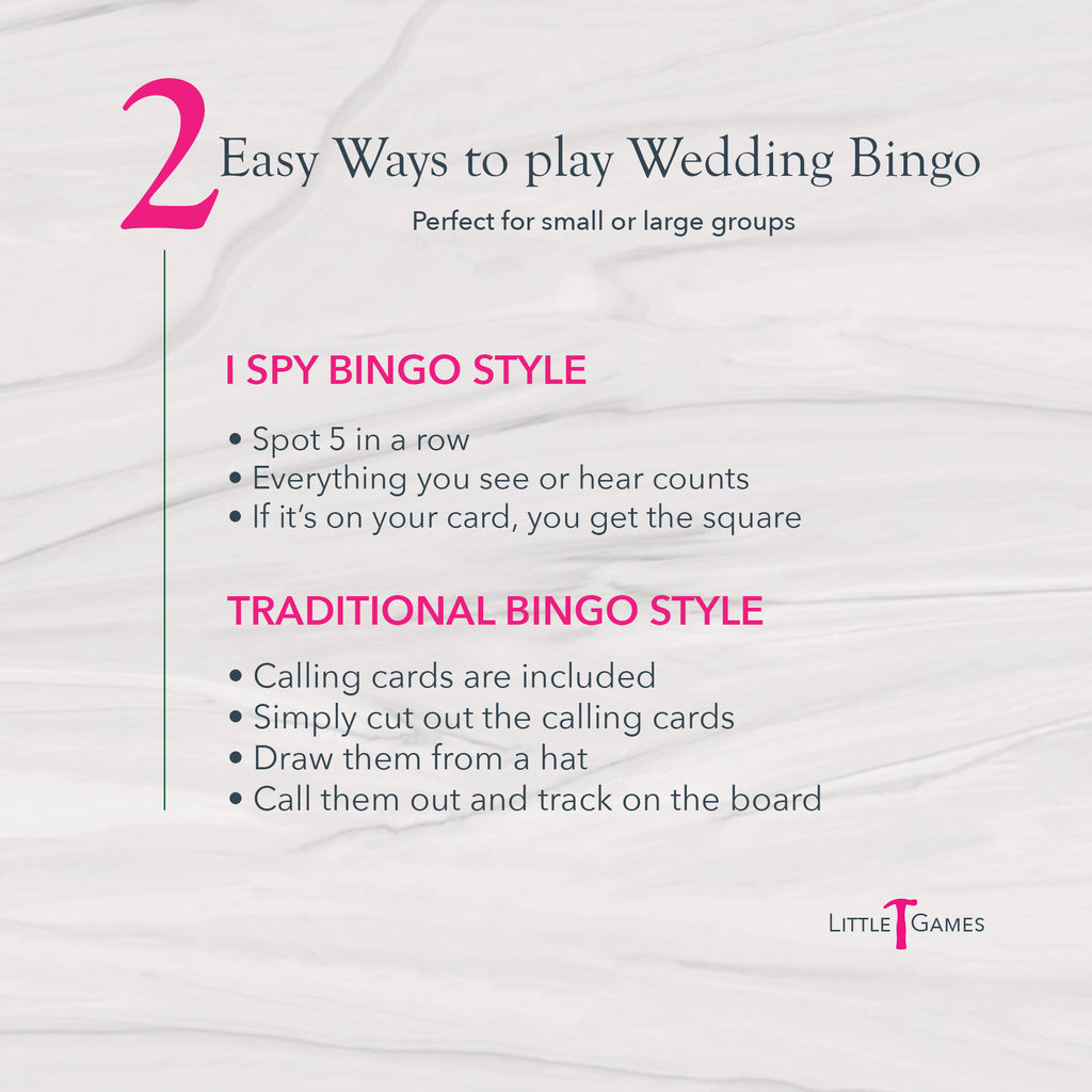 Bride and Groom Wedding Bingo printable game instructions showing two ways to play: I Spy style and traditional calling card style