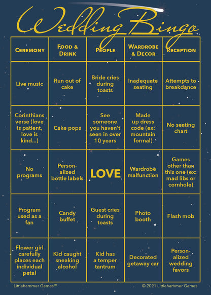2 Brides Wedding Bingo game card printable in celestial design