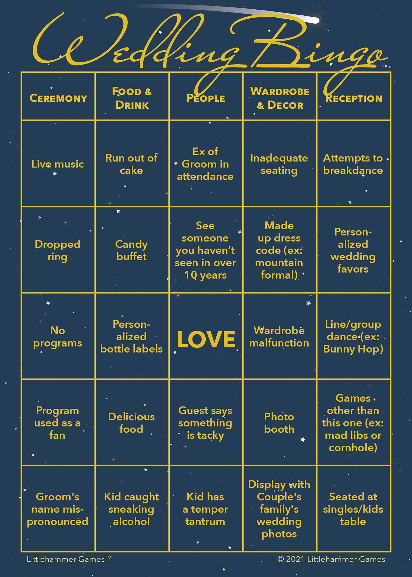 2 Grooms Wedding Bingo printable activity card in celestial design