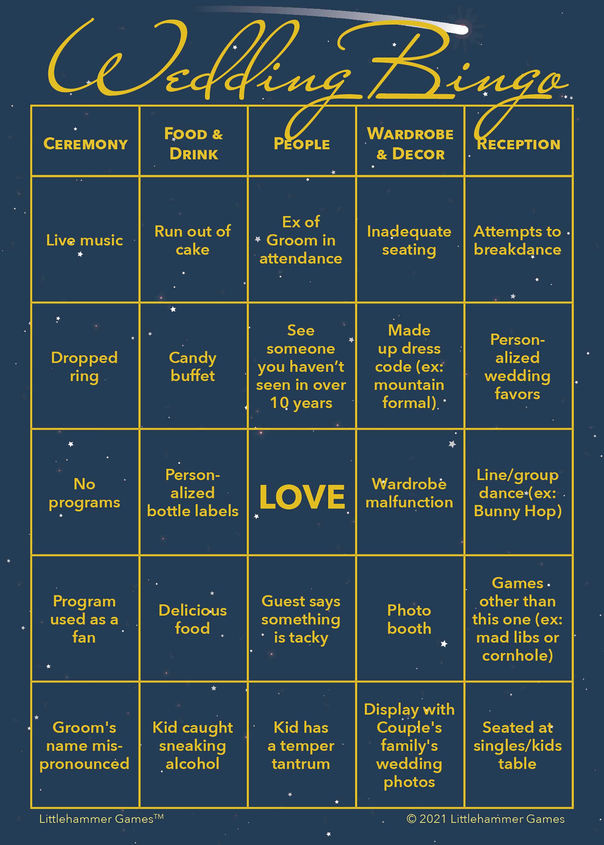 2 Grooms Wedding Bingo printable activity card in celestial design