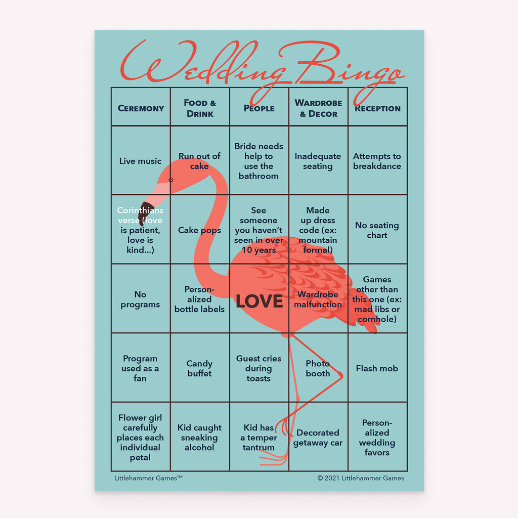 Bride and Groom Wedding Bingo game card printable in flamingo design