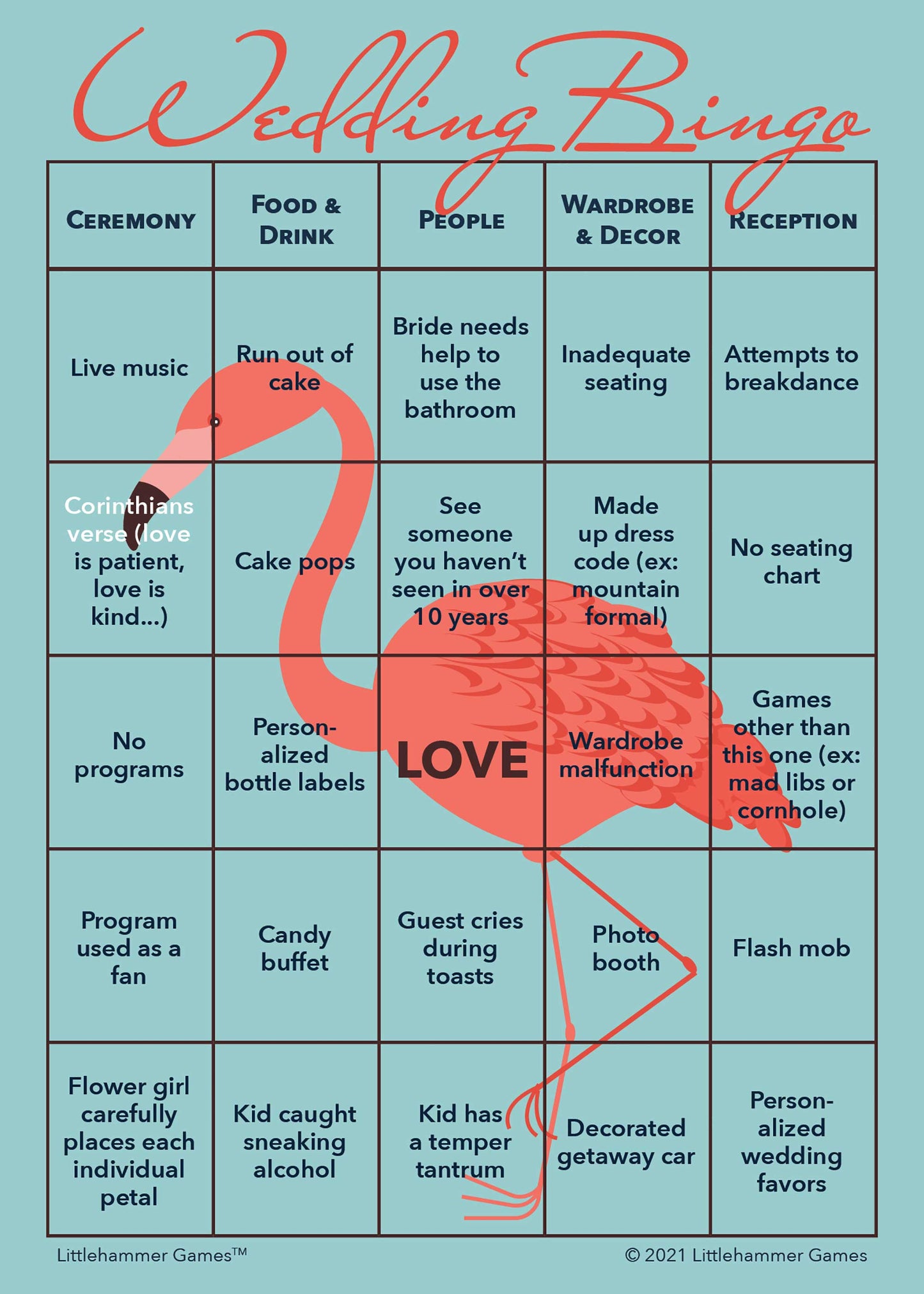 Bride and Groom Wedding Bingo game card printable in flamingo design