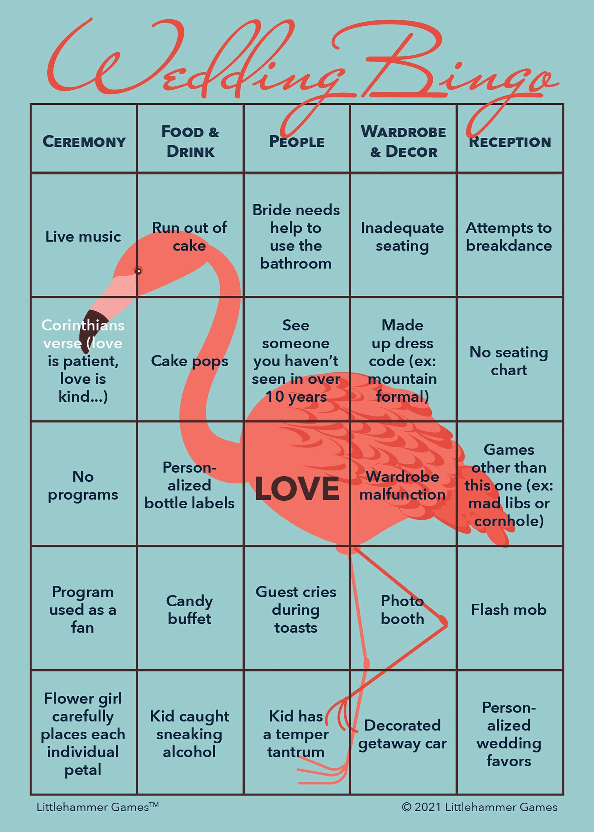 Bride and Groom Wedding Bingo game card printable in flamingo design