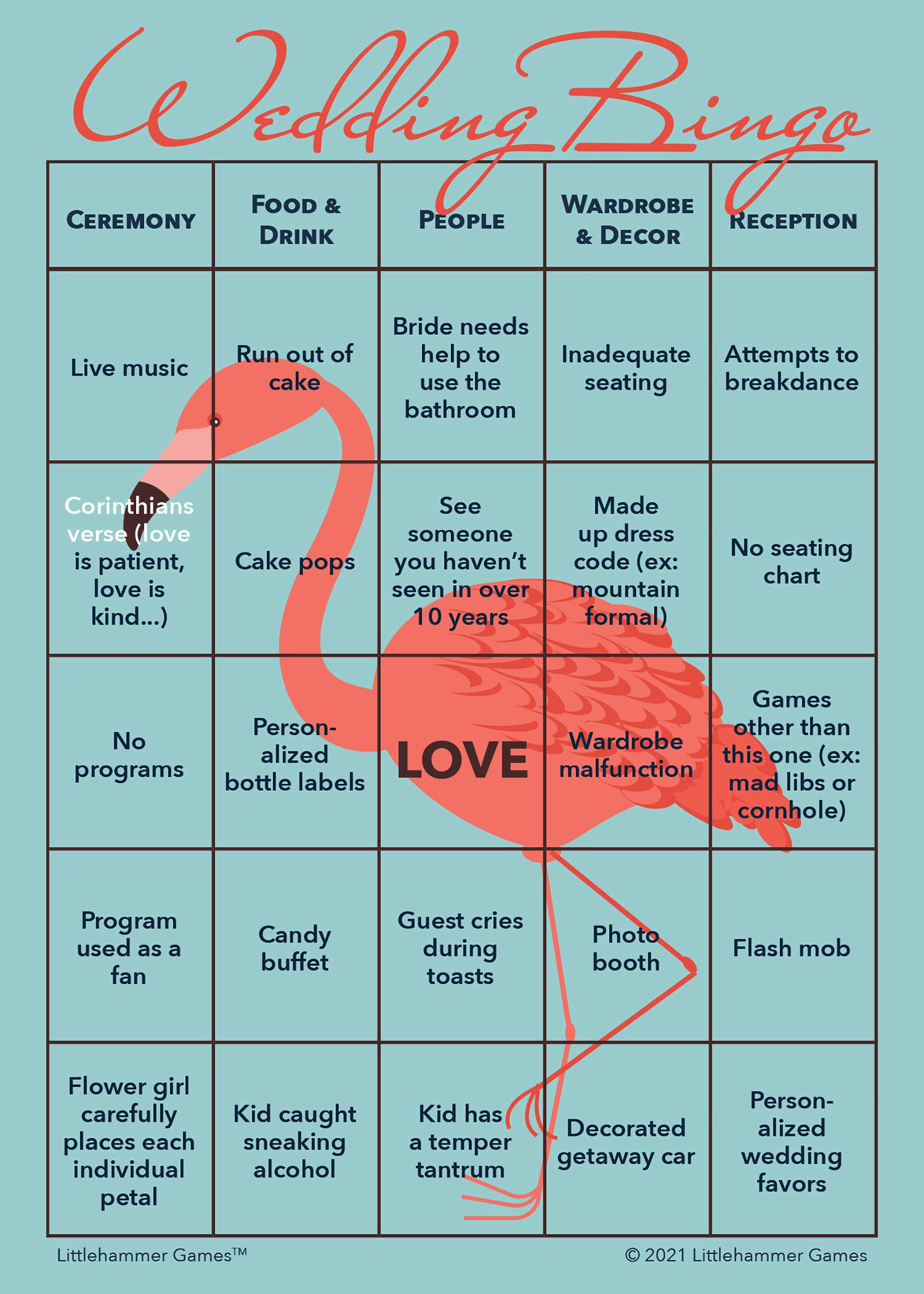 Bride and Groom Wedding Bingo game card printable in flamingo design