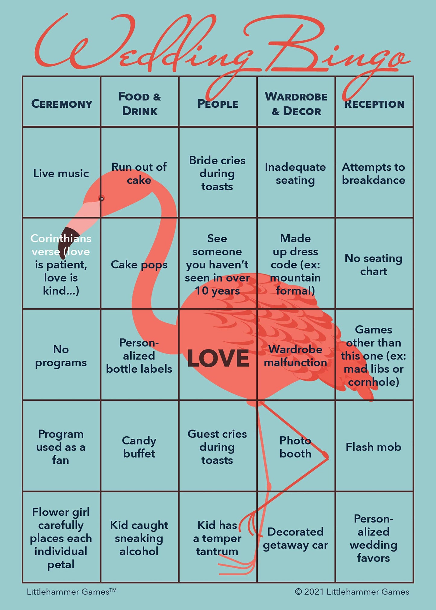 2 Brides Wedding Bingo printable activity card in flamingo design