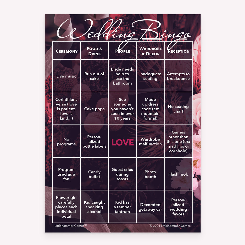Bride and Groom Wedding Bingo printable activity card in dark floral
