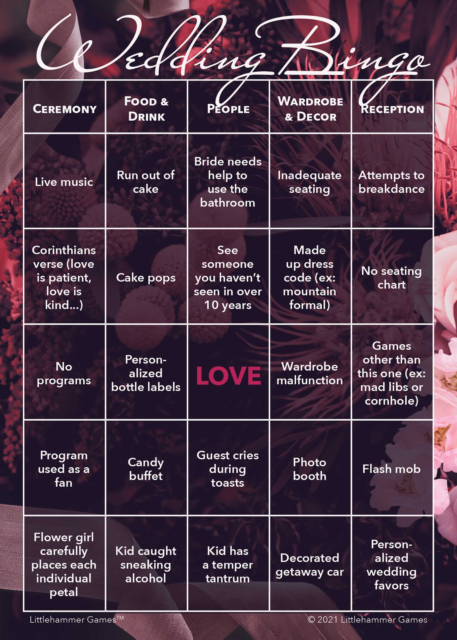 Bride and Groom Wedding Bingo printable activity card in dark floral