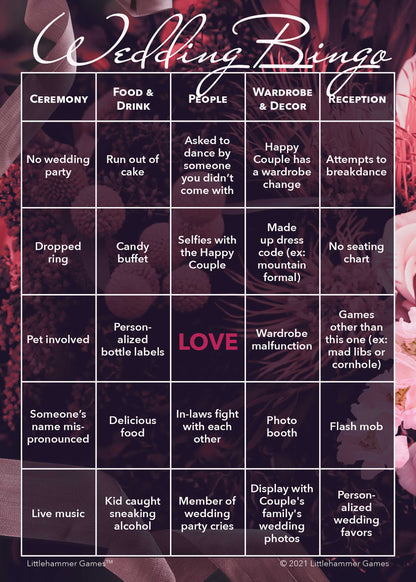 Gender Neutral Wedding Bingo wedding game card with dark floral layout