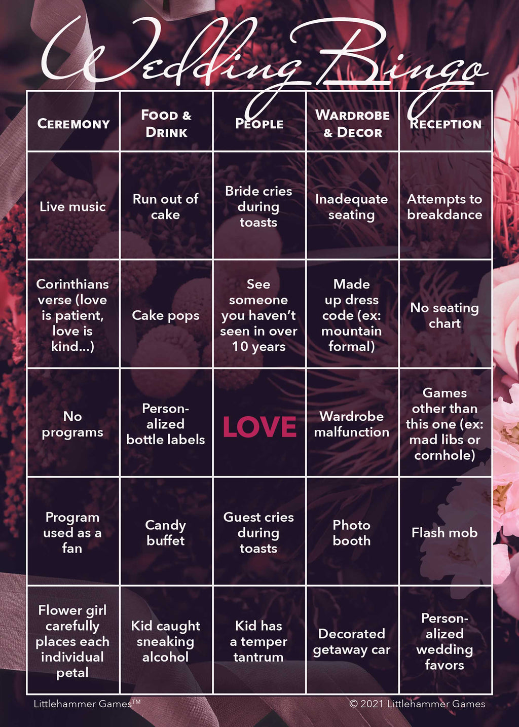 Floral printable wedding game card for 2 Brides Wedding Bingo