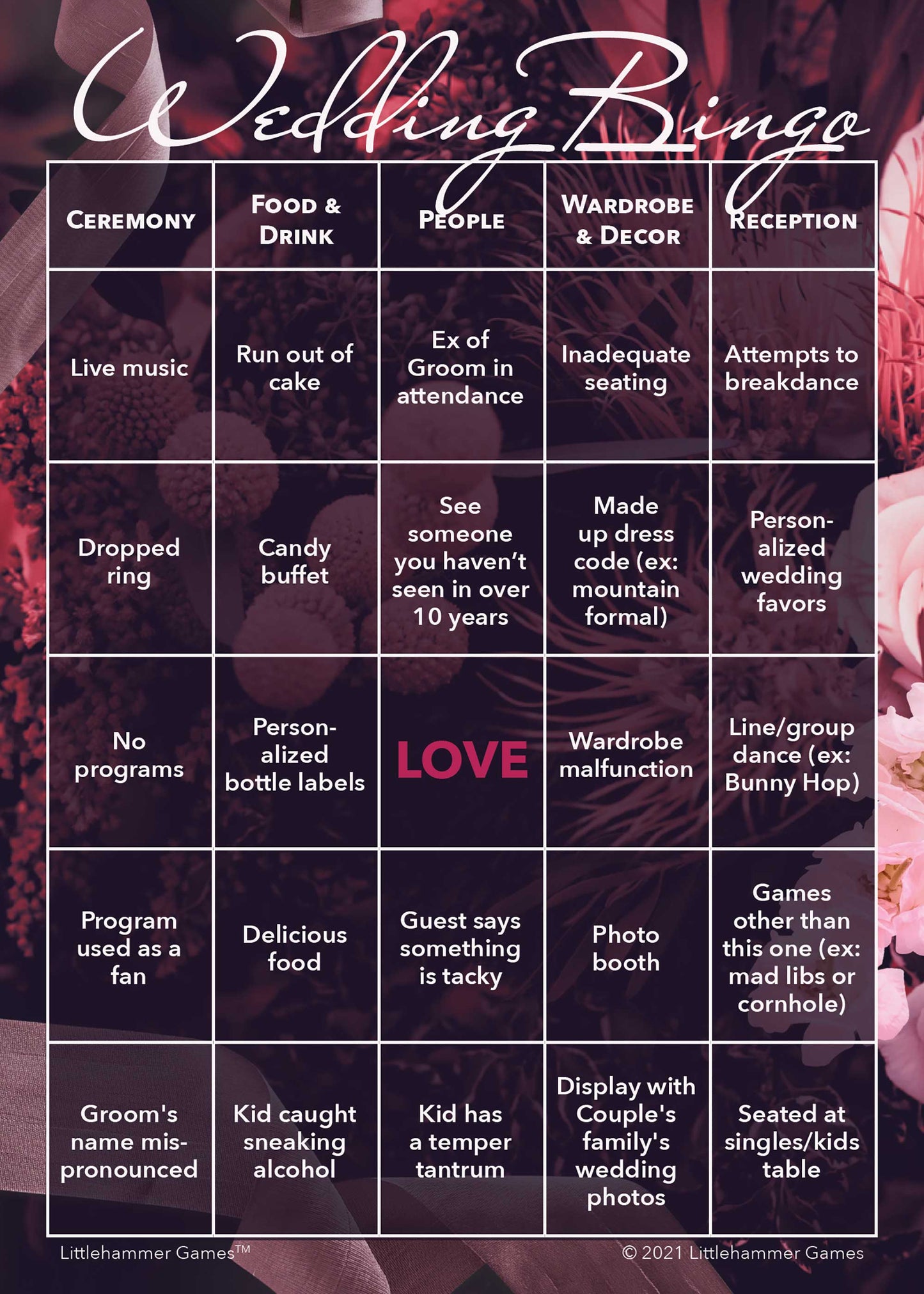Printable 2 Grooms Wedding Bingo card in dark floral theme