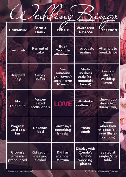 Printable 2 Grooms Wedding Bingo card in dark floral theme