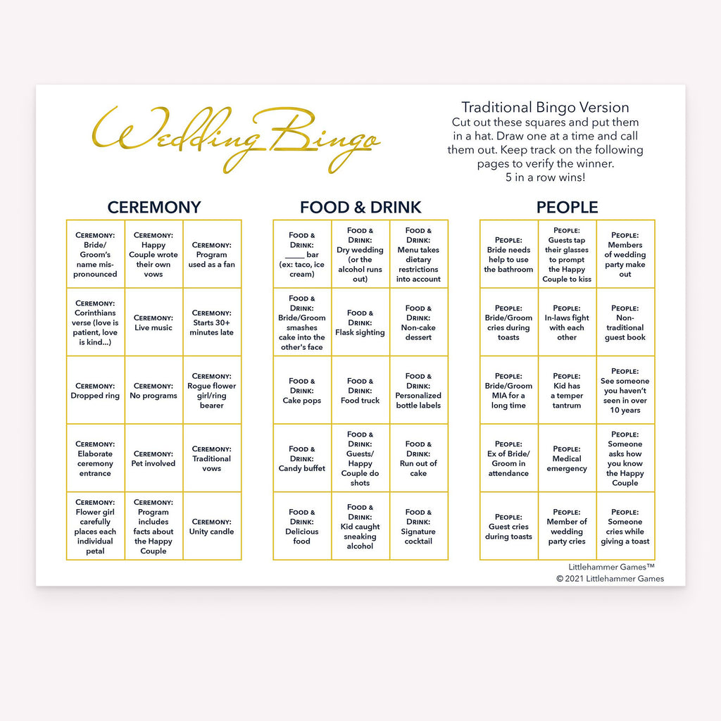 Gold and white style printable wedding Bride and Groom Wedding Bingo calling card