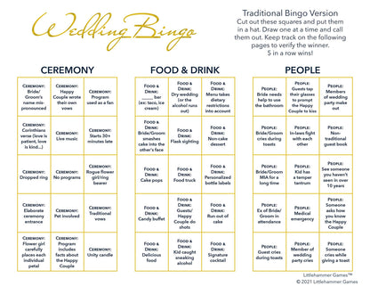 Gold and white style printable wedding Bride and Groom Wedding Bingo calling card