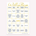 Bride and Groom Wedding Bingo wedding game card with gold  and white layout