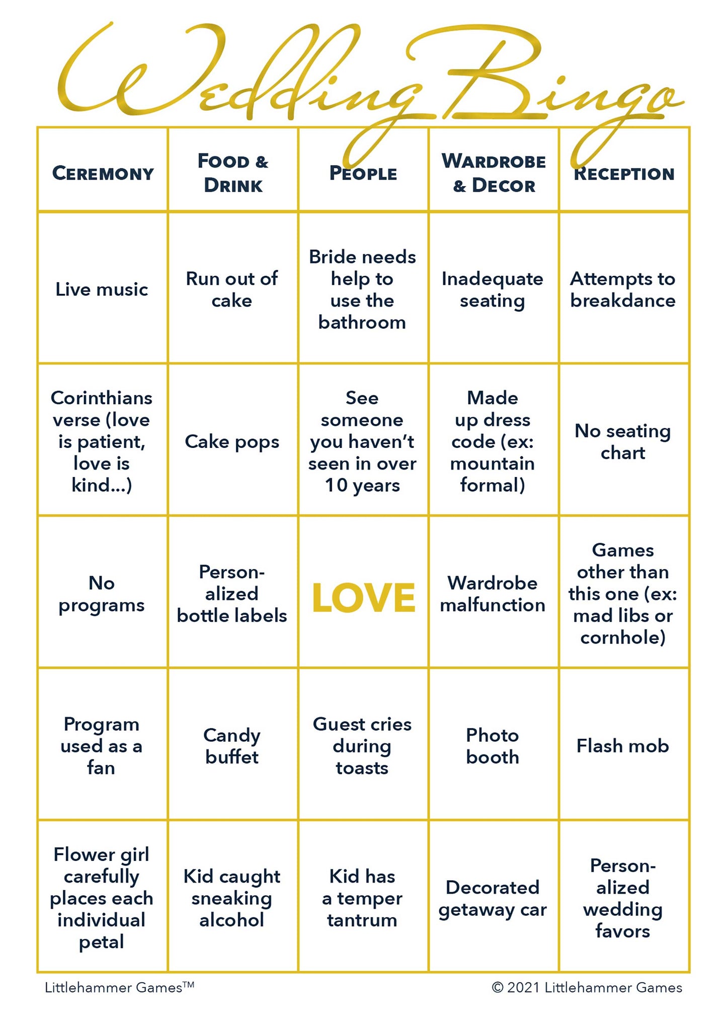 Bride and Groom Wedding Bingo wedding game card with gold  and white layout