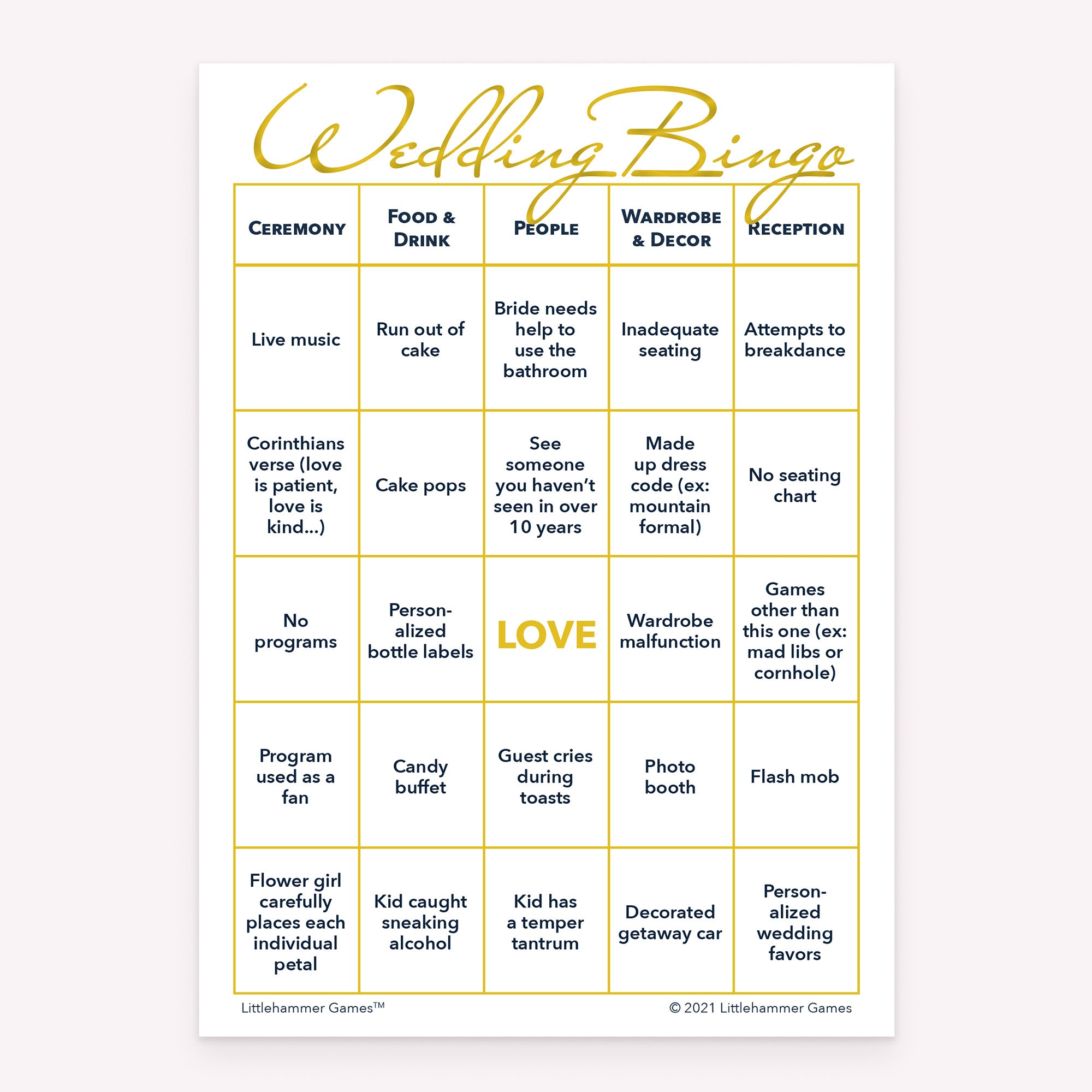 Bride and Groom Wedding Bingo wedding game card with gold  and white layout