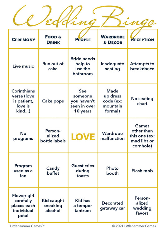 Bride and Groom Wedding Bingo wedding game card with gold  and white layout