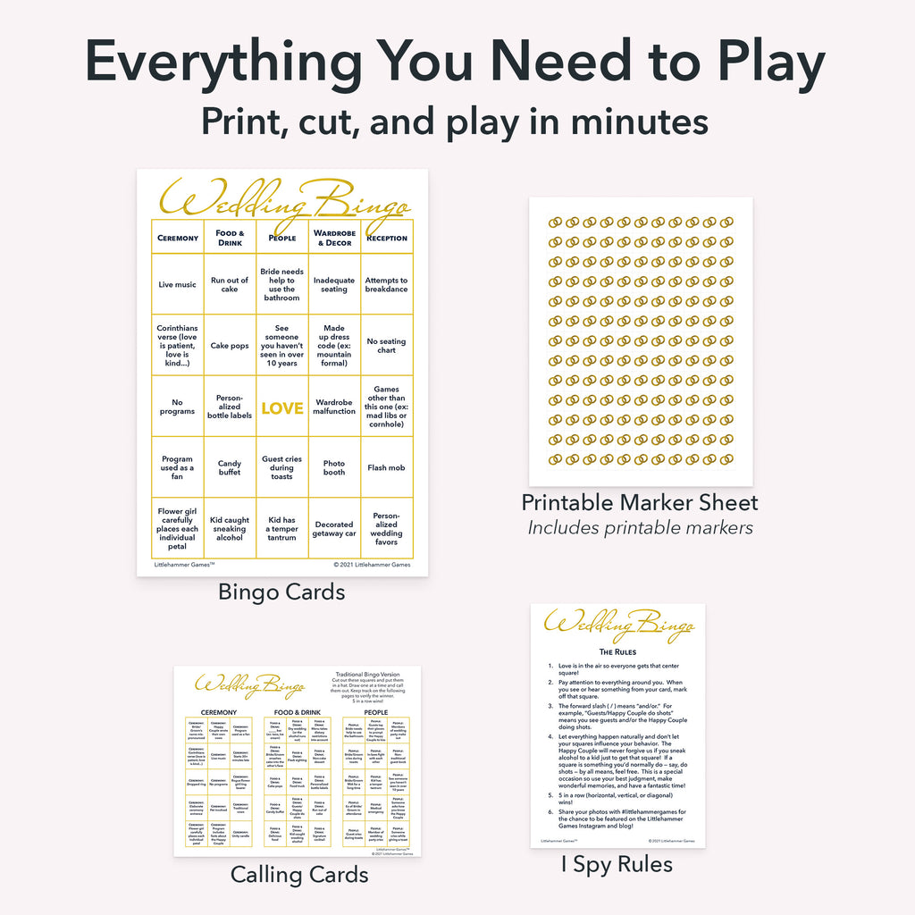 Printable wedding bingo bride and groom game set including game cards, calling cards, I Spy-style rules, and markers sheet