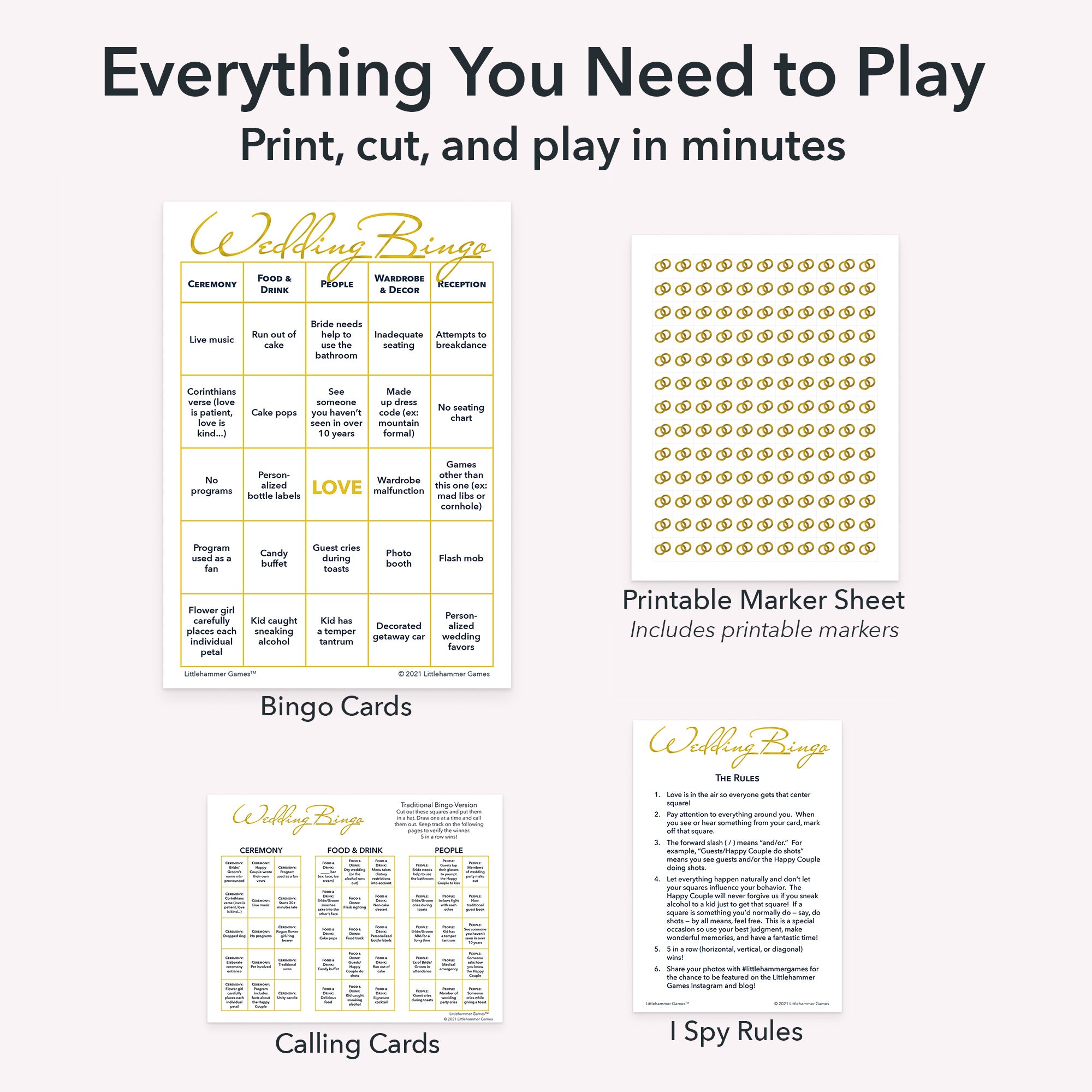 Printable wedding bingo bride and groom game set including game cards, calling cards, I Spy-style rules, and markers sheet