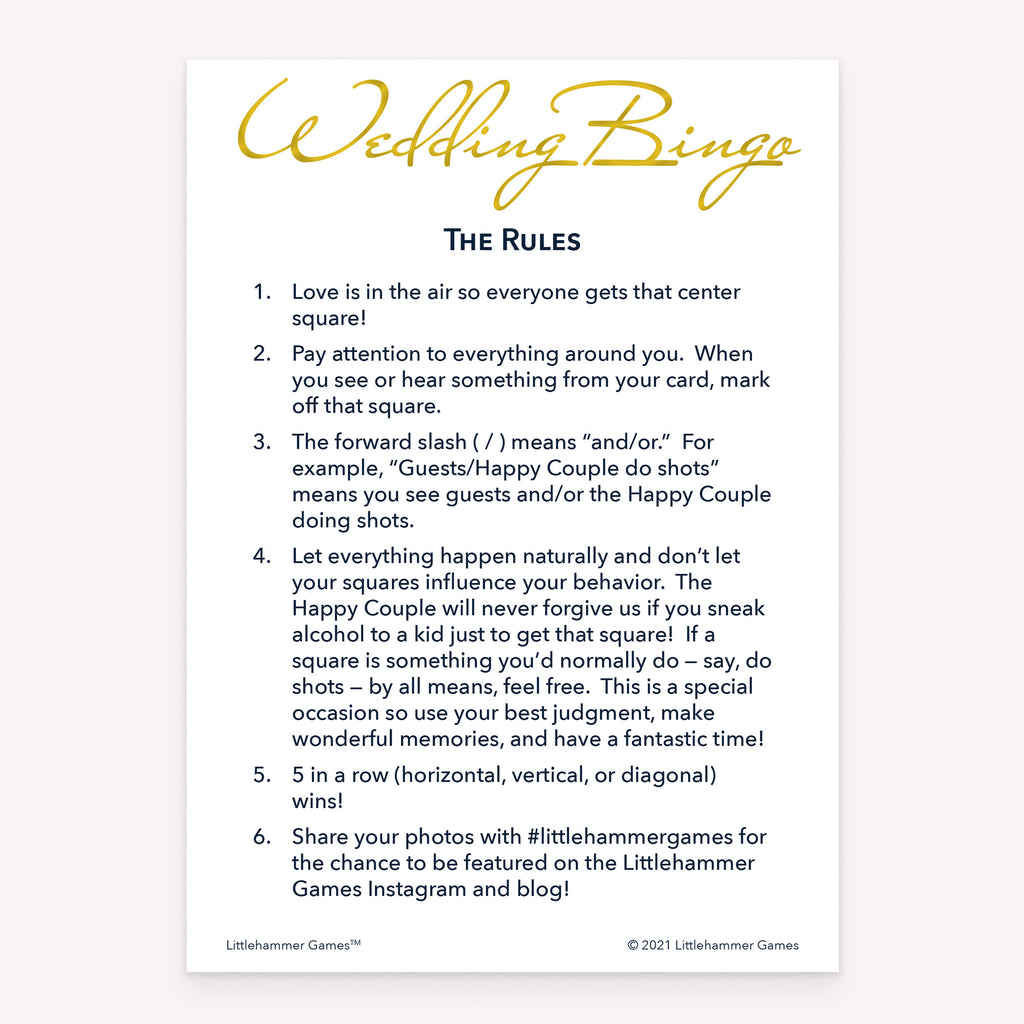 Bride and Groom Wedding Bingo printable wedding rules card with gold and white background
